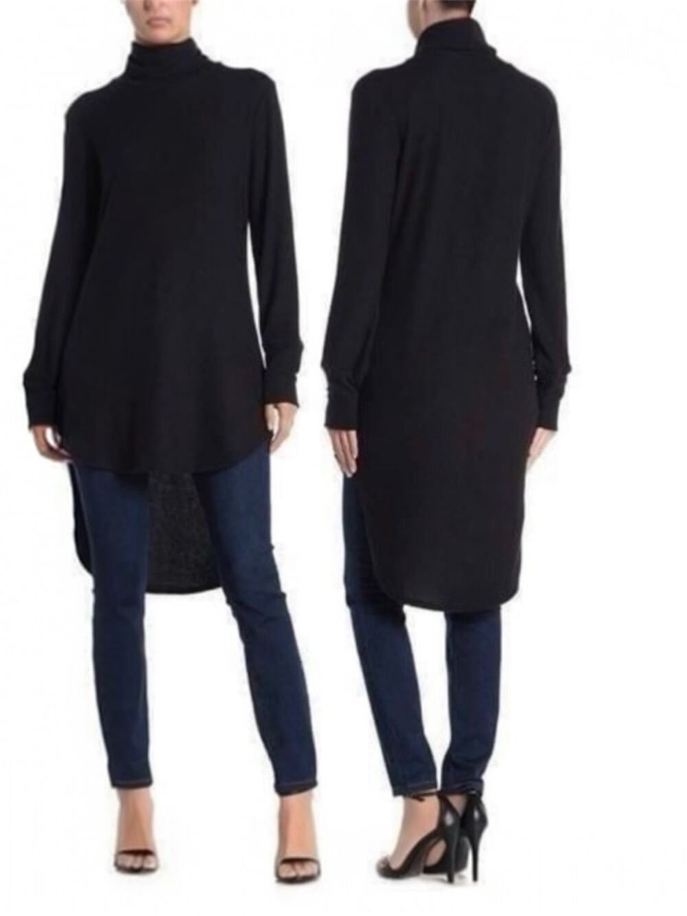 Go Couture Turtleneck Tunic Sweater Hi Lo Hem Black Large